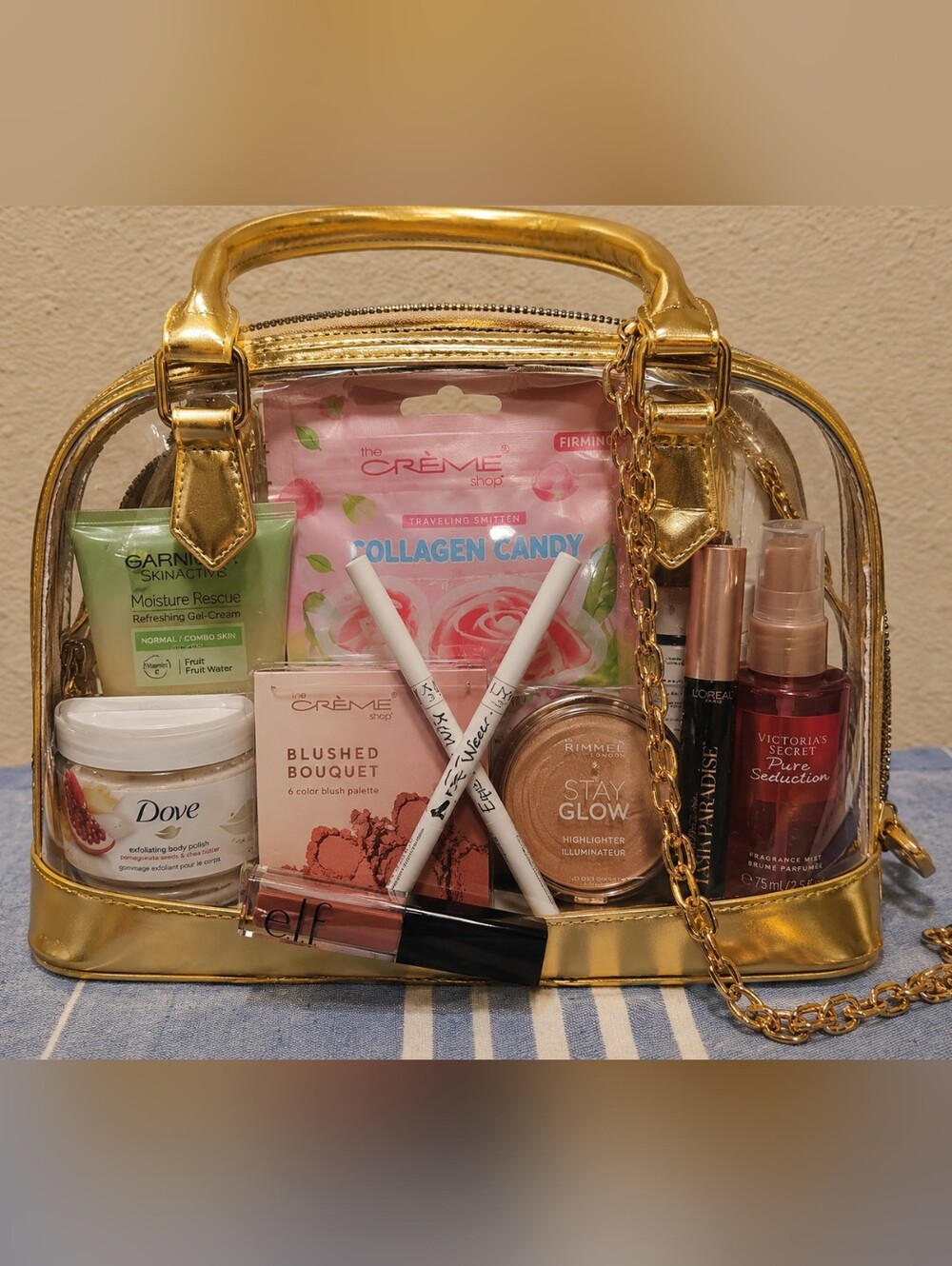 ✨️✨️✨️Clear Gold Trim Crossbody Beauty Bundle | Cosmetics & Skincare Gift Set - Picture 2 of 5